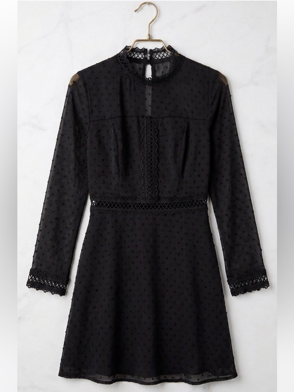 NWT• Francesca's Miami Black Swiss Dot Lace Trim Mini Dress Long Sleeve XS